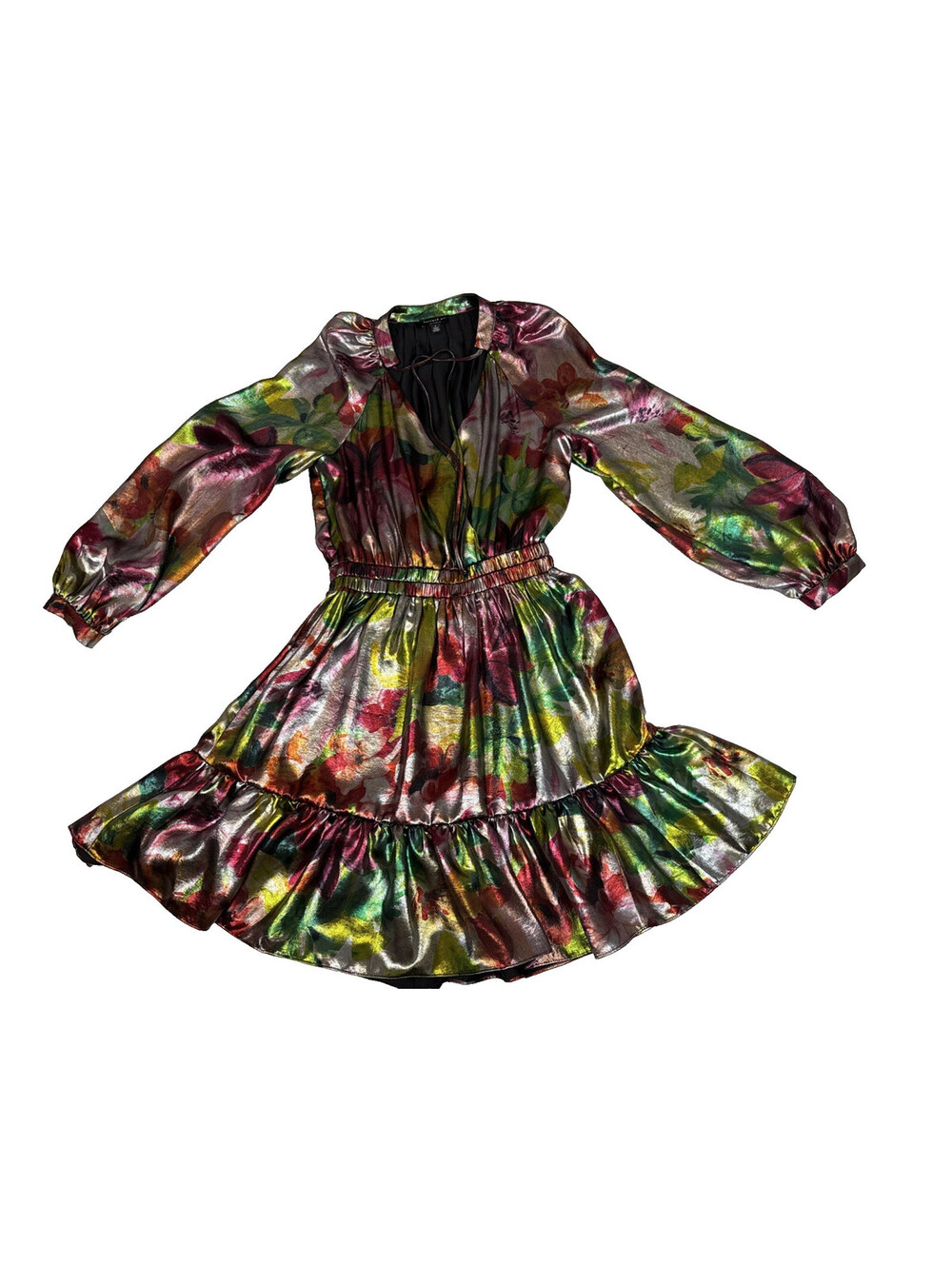 Current Air Metallic Multicolor Print Cut Out Dress Sz Small Smocked Waist NWOT
